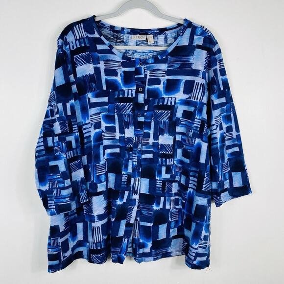 LOGO Lori Goldstein Size Large Printed Cotton Slub 3/4 Sleeve Cardigan Blue - Picture 3 of 5